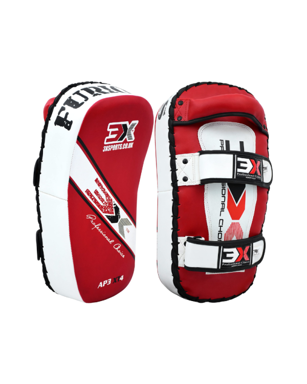 3X Sports Muay Thai Pad for Coaching, Kickboxing Curved Kick pad, Thai Pads Strike Shield ( Musashi Red/White )