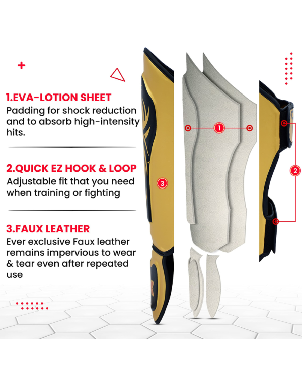 3X Sports Kids Shin Guards for Kickboxing & Muay Golden