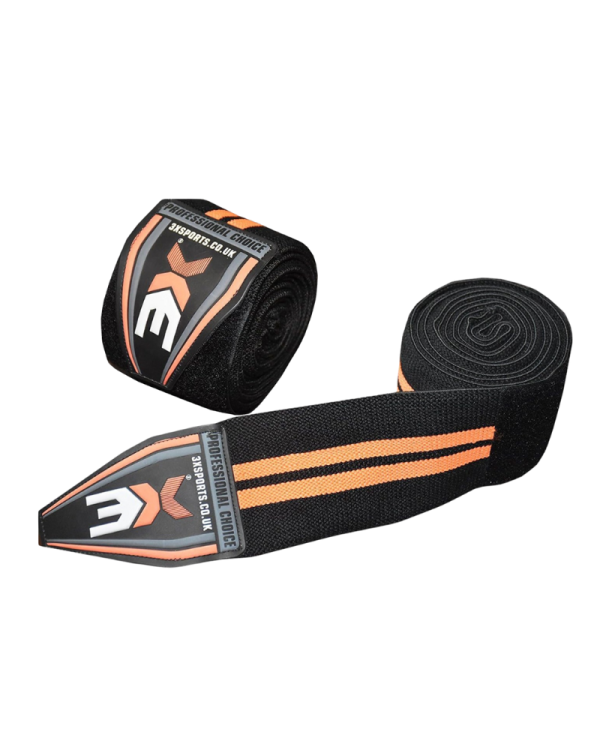3X Sports Knee Wraps, Adjustable Knee Support Bandages Weight Lifting Wraps (Orange)