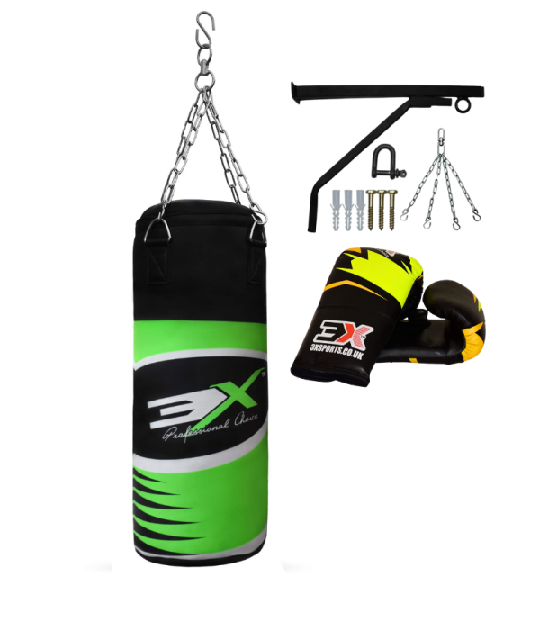 3X Sports Punch Bag with Mitts Set (Fluorescent)