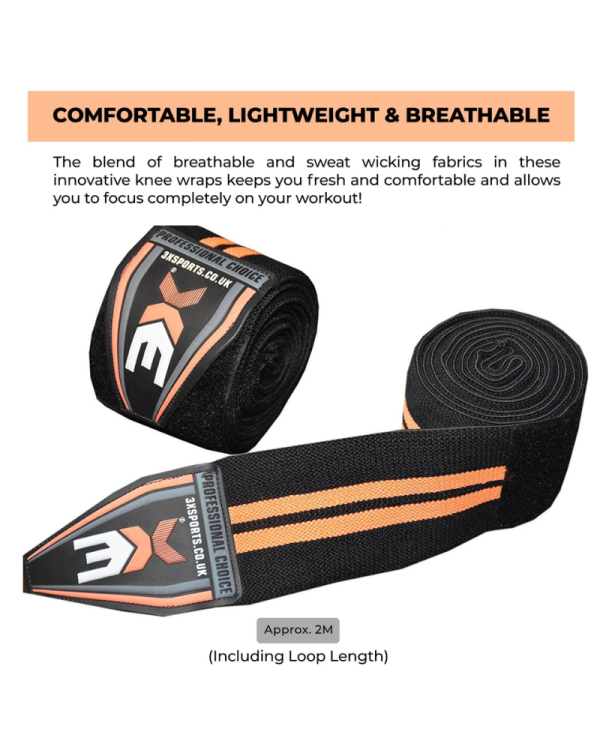 3X Sports Knee Wraps, Adjustable Knee Support Bandages Weight Lifting Wraps (Orange)
